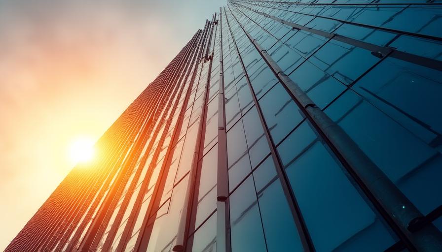 Modern skyscraper reflecting sunset