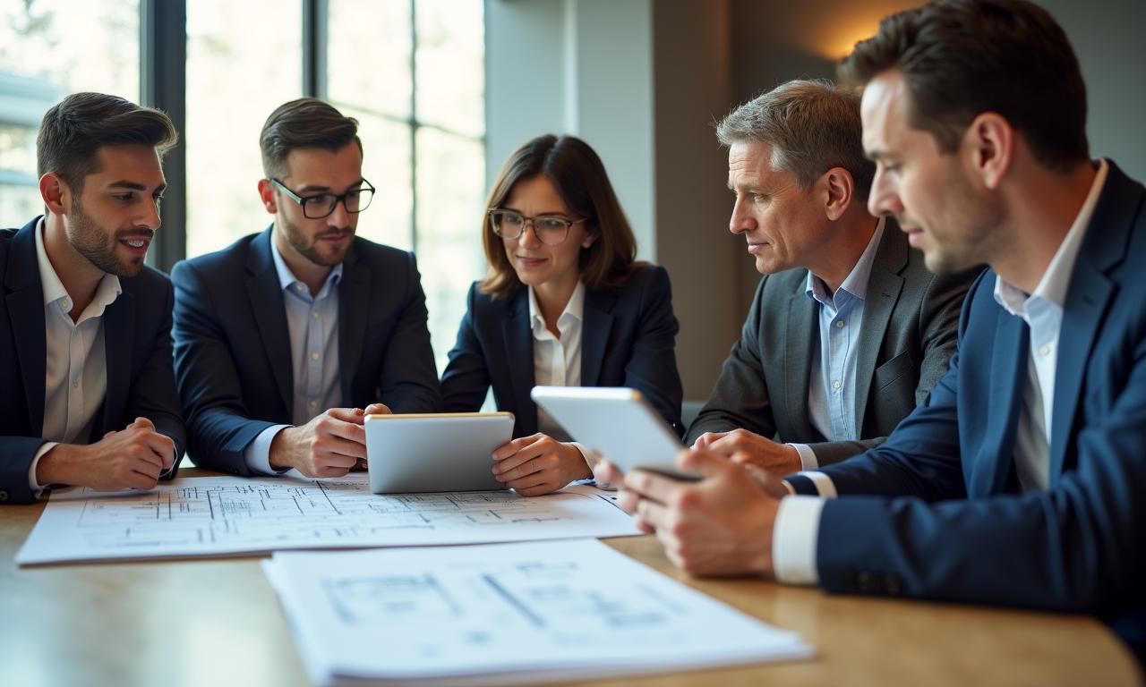 Executive team discussing strategic change management around a conference table