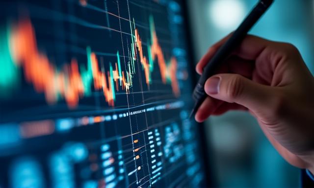 Close up of a financial specialist's hands analyzing complex data charts on a screen