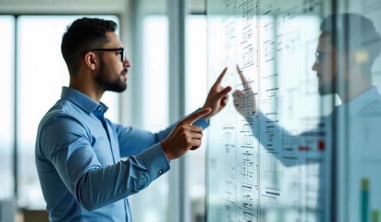 A detailed business framework diagram on a glass board in a high-end corporate office